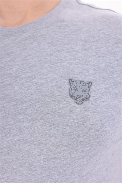Jaguar Print and Skirt Embroidery Crew Neck Slim Fit Mens Grey Melange T-Shirt
