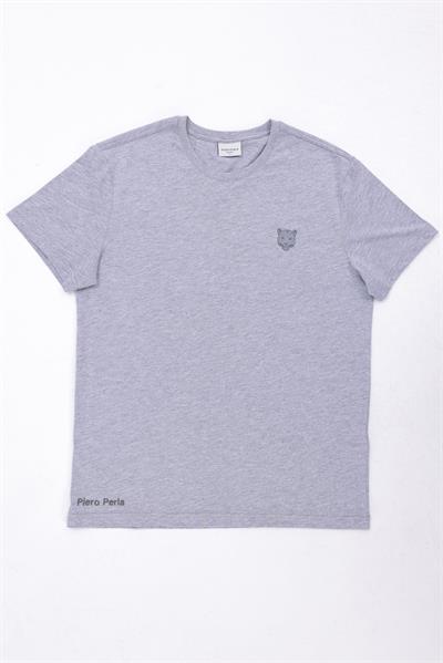 Jaguar Print and Skirt Embroidery Crew Neck Slim Fit Mens Grey Melange T-Shirt