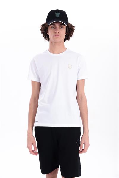Jaguar Print and Skirt Embroidery Crew Neck Slim Fit Mens White T-Shirt