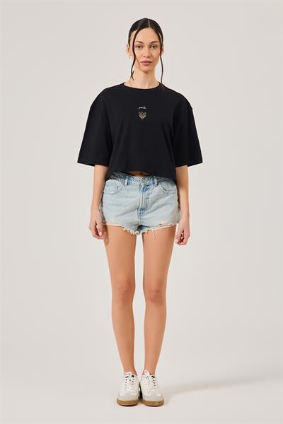 Womens Knitted Short Sleeve Crop Black T-Shirt