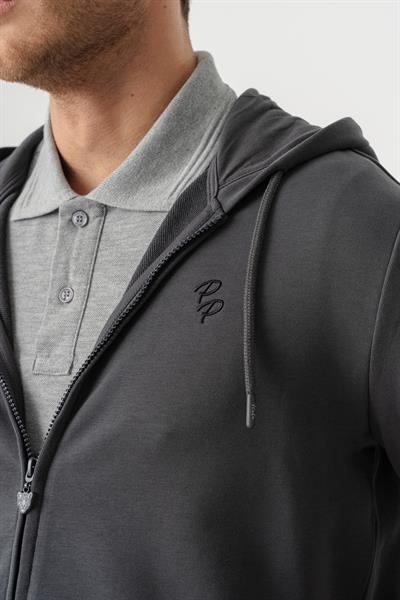 Hooded Regular Fit Anthracite Cardigan with Front Zipper