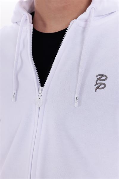 Hooded Regular Fit White Cardigan with Front Zipper