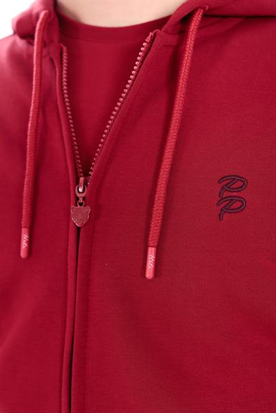 Hooded Regular Fit Red Cardigan with Front Zipper