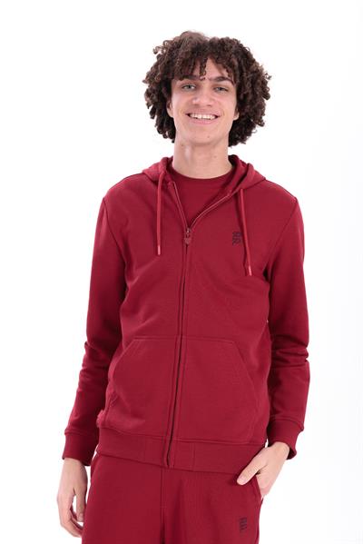 Hooded Regular Fit Red Cardigan with Front Zipper