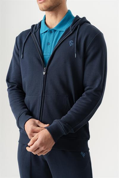 Navy Blue Hooded Regular Fit Front Zipper Cardigan