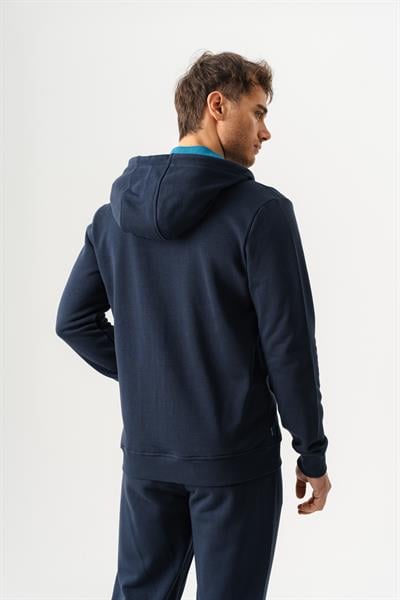 Navy Blue Hooded Regular Fit Front Zipper Cardigan
