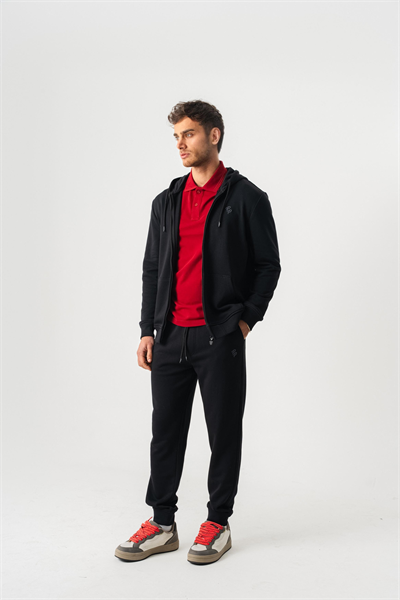 Hooded Regular Fit Black Cardigan with Front Zipper