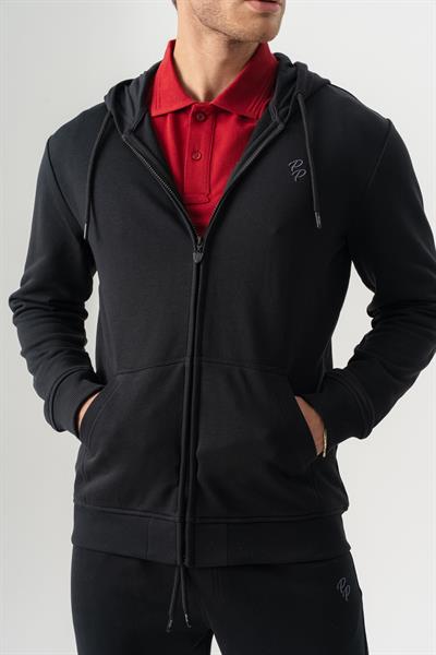 Hooded Regular Fit Black Cardigan with Front Zipper