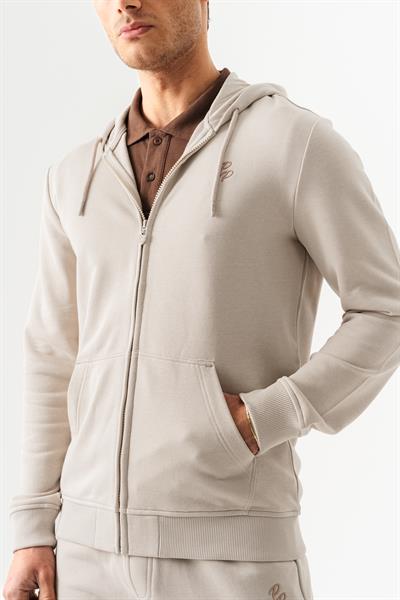 Hooded Regular Fit Front Zipper Stone Cardigan