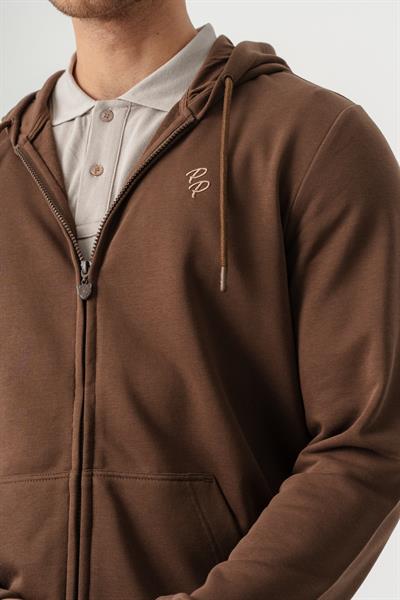 Hooded Regular Fit Front Zipper Cardigan in Tan
