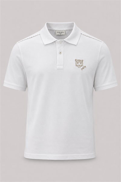 Kontür Jaguar Nakış Detaylı Slim Fit Erkek Polo Yaka Beyaz T-Shirt