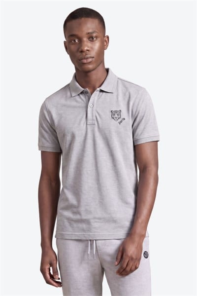 Kontür Jaguar Nakış Detaylı Slim Fit Erkek Polo Yaka Gri Melanj T-Shirt