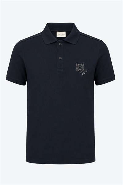 Kontür Jaguar Nakış Detaylı Slim Fit Erkek Polo Yaka Siyah T-Shirt