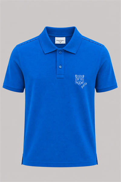Kontür Jaguar Nakış Detaylı Slim Fit Erkek Polo Yaka Açık Mavi T-Shirt