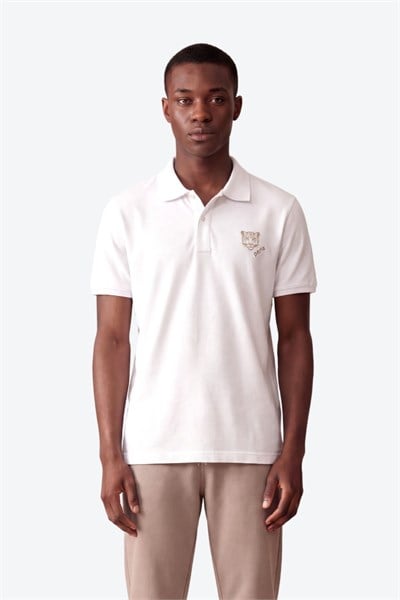 Kontür Jaguar Nakış Detaylı Slim Fit Erkek Polo Yaka Beyaz T-Shirt