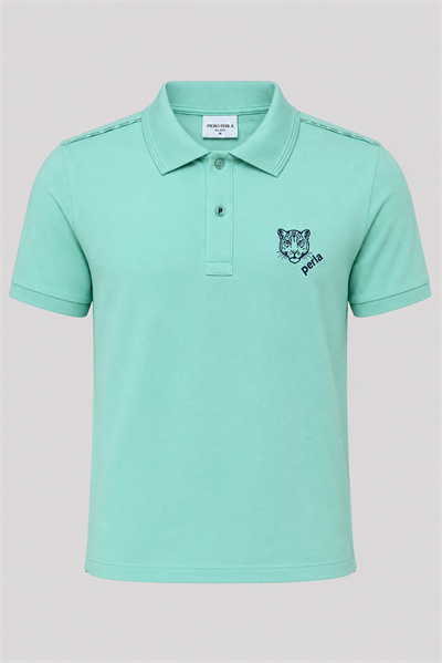 Kontür Jaguar Nakış Detaylı Slim Fit Erkek Polo Yaka Açık Yeşil T-Shirt