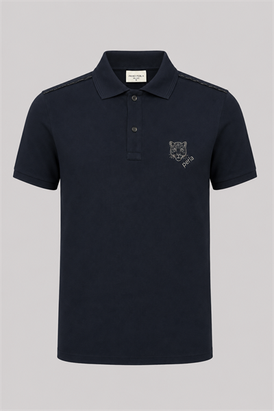 Kontür Jaguar Nakış Detaylı Slim Fit Erkek Polo Yaka Siyah T-Shirt