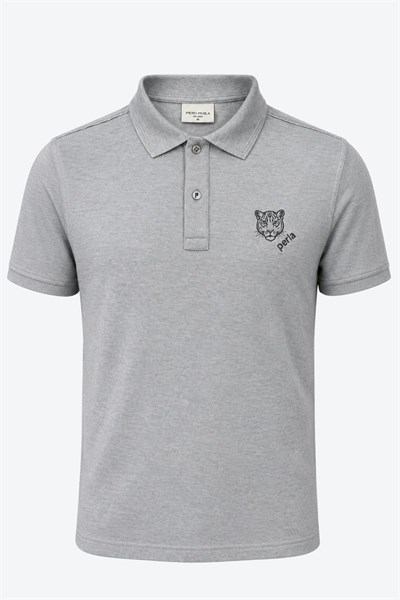 Kontür Jaguar Nakış Detaylı Slim Fit Erkek Polo Yaka Gri Melanj T-Shirt