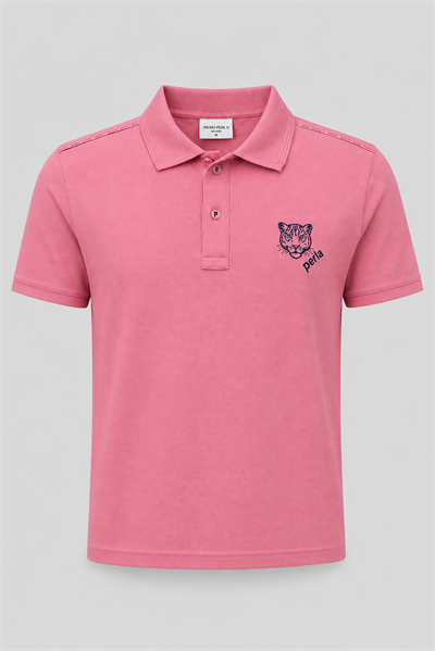 Kontür Jaguar Nakış Detaylı Slim Fit Erkek Polo Yaka Gül Kurusu T-Shirt