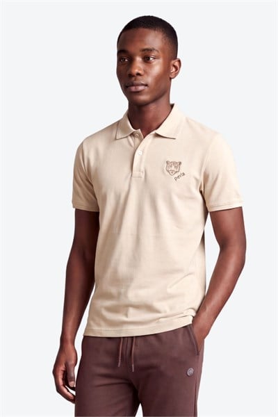 Kontür Jaguar Nakış Detaylı Slim Fit Erkek Polo Yaka Sütlü Kahve T-Shirt