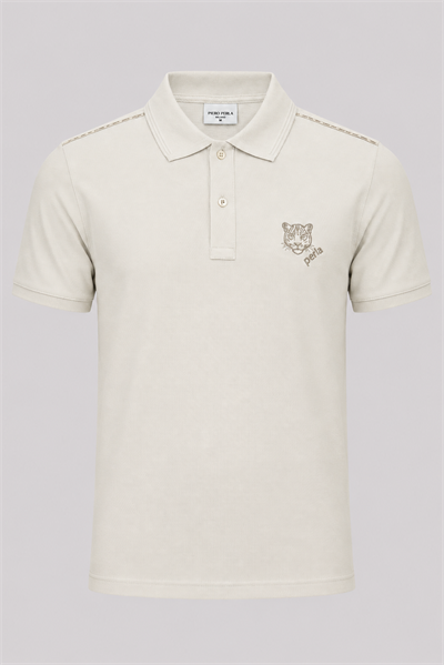 Kontür Jaguar Nakış Detaylı Slim Fit Erkek Polo Yaka Sütlü Kahve T-Shirt