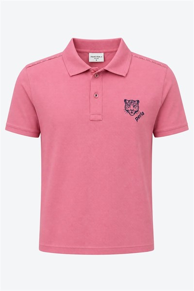Kontür Jaguar Nakış Detaylı Slim Fit Erkek Polo Yaka Gül Kurusu T-Shirt