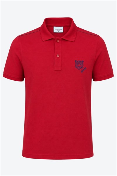 Kontür Jaguar Nakış Detaylı Slim Fit Erkek Polo Yaka Kırmızı T-Shirt