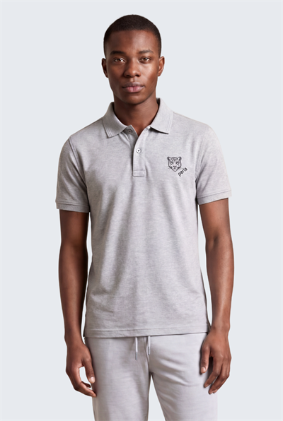 Kontür Jaguar Nakış Detaylı Slim Fit Erkek Polo Yaka Gri Melanj T-Shirt
