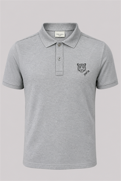 Kontür Jaguar Nakış Detaylı Slim Fit Erkek Polo Yaka Gri Melanj T-Shirt