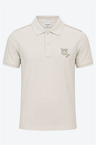 Kontür Jaguar Nakış Detaylı Slim Fit Erkek Polo Yaka Sütlü Kahve T-Shirt