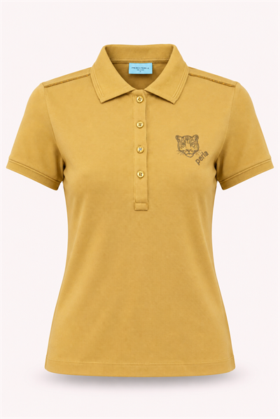 Kontür Jaguar Nakış Detaylı Slim Fit Kadın Hardal Polo Yaka T-Shirt