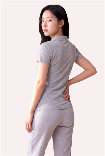 Kontür Jaguar Nakış Detaylı Slim Fit Kadın Gri Melanj Polo Yaka T-Shirt