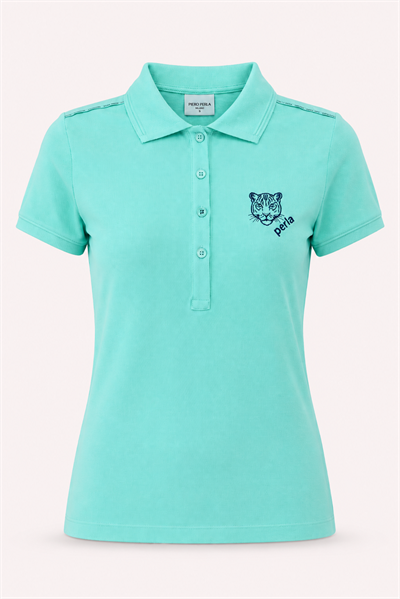 Kontür Jaguar Nakış Detaylı Slim Fit Kadın Açık Yeşil Polo Yaka T-Shirt