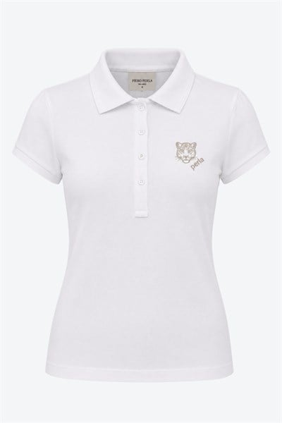Kontür Jaguar Nakış Detaylı Slim Fit Kadın Beyaz Polo Yaka T-Shirt