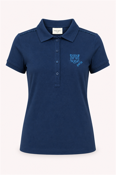 Kontür Jaguar Nakış Detaylı Slim Fit Kadın Lacivert Polo Yaka T-Shirt