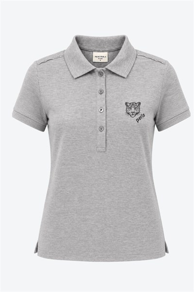 Kontür Jaguar Nakış Detaylı Slim Fit Kadın Gri Melanj Polo Yaka T-Shirt