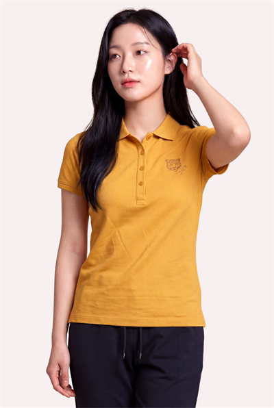 Kontür Jaguar Nakış Detaylı Slim Fit Kadın Hardal Polo Yaka T-Shirt