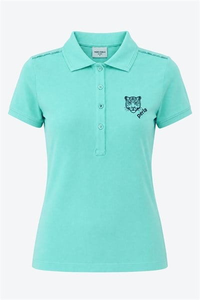 Kontür Jaguar Nakış Detaylı Slim Fit Kadın Açık Yeşil Polo Yaka T-Shirt