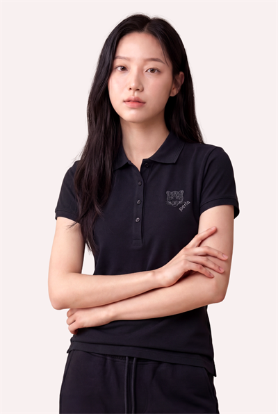 Kontür Jaguar Nakış Detaylı Slim Fit Kadın Siyah Polo Yaka T-Shirt