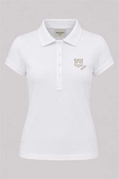 Kontür Jaguar Nakış Detaylı Slim Fit Kadın Beyaz Polo Yaka T-Shirt