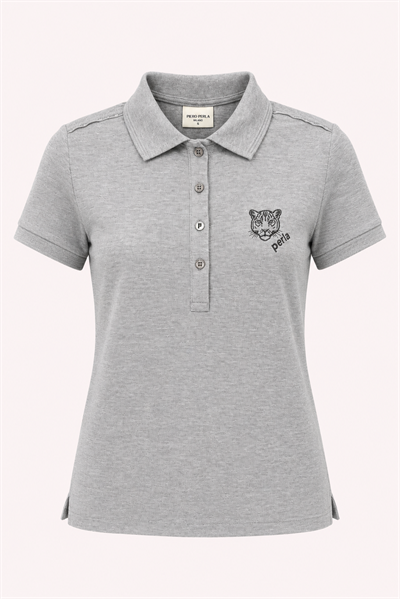 Kontür Jaguar Nakış Detaylı Slim Fit Kadın Gri Melanj Polo Yaka T-Shirt