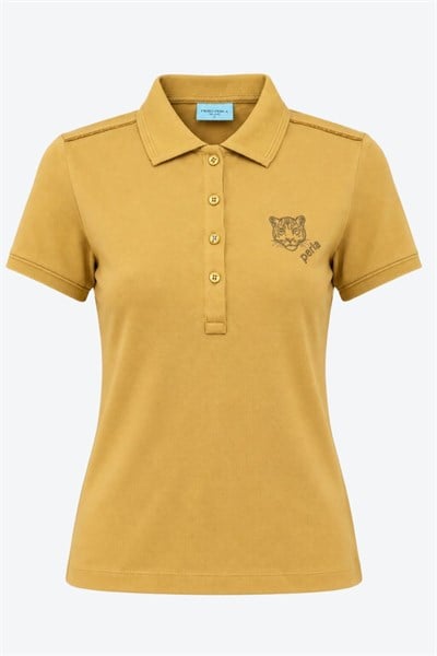 Kontür Jaguar Nakış Detaylı Slim Fit Kadın Hardal Polo Yaka T-Shirt