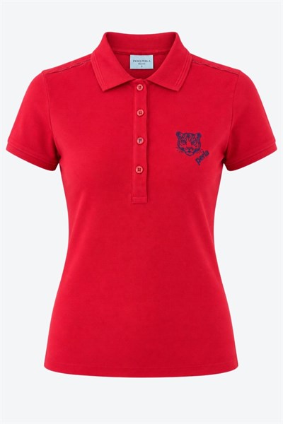 Kontür Jaguar Nakış Detaylı Slim Fit Kadın Kırmızı Polo Yaka T-Shirt