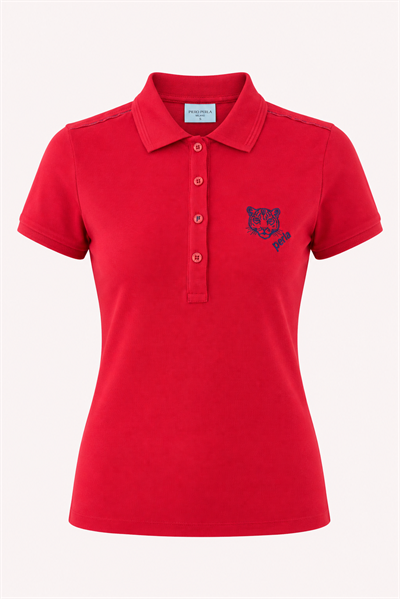 Kontür Jaguar Nakış Detaylı Slim Fit Kadın Kırmızı Polo Yaka T-Shirt