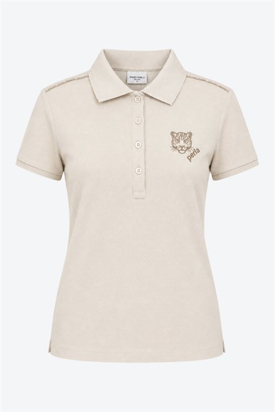 Kontür Jaguar Nakış Detaylı Slim Fit Kadın Sütlü Kahve Polo Yaka T-Shirt
