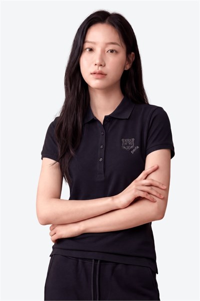 Kontür Jaguar Nakış Detaylı Slim Fit Kadın Siyah Polo Yaka T-Shirt