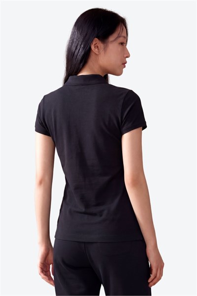 Kontür Jaguar Nakış Detaylı Slim Fit Kadın Siyah Polo Yaka T-Shirt