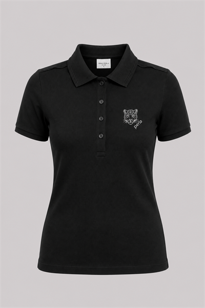 Kontür Jaguar Nakış Detaylı Slim Fit Kadın Siyah Polo Yaka T-Shirt