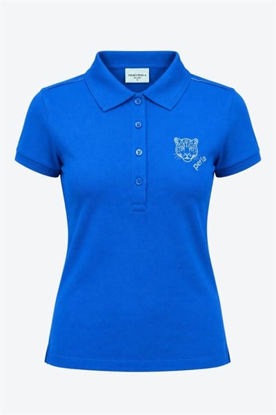 Kontür Jaguar Nakış Detaylı Slim Fit Kadın Mavi Polo Yaka T-Shirt