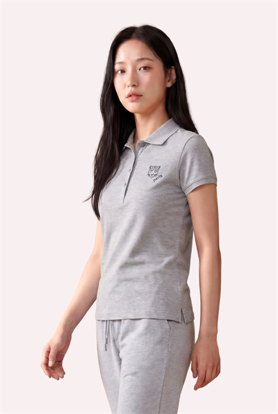 Kontür Jaguar Nakış Detaylı Slim Fit Kadın Gri Melanj Polo Yaka T-Shirt